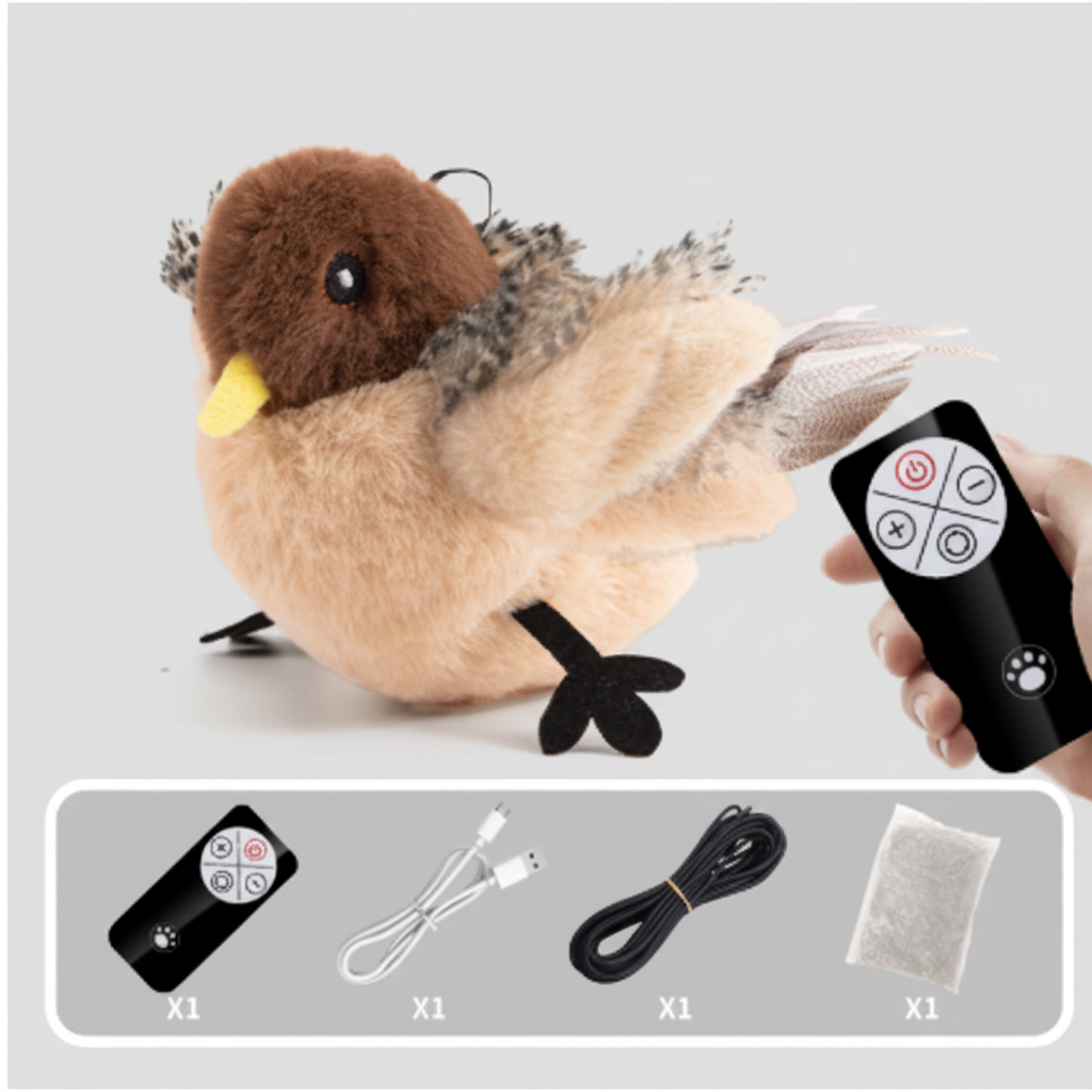 Flapping Bird Cat Toy – remote control included to operate moving wings and bird sounds from a distance, perfect for interactive cat play