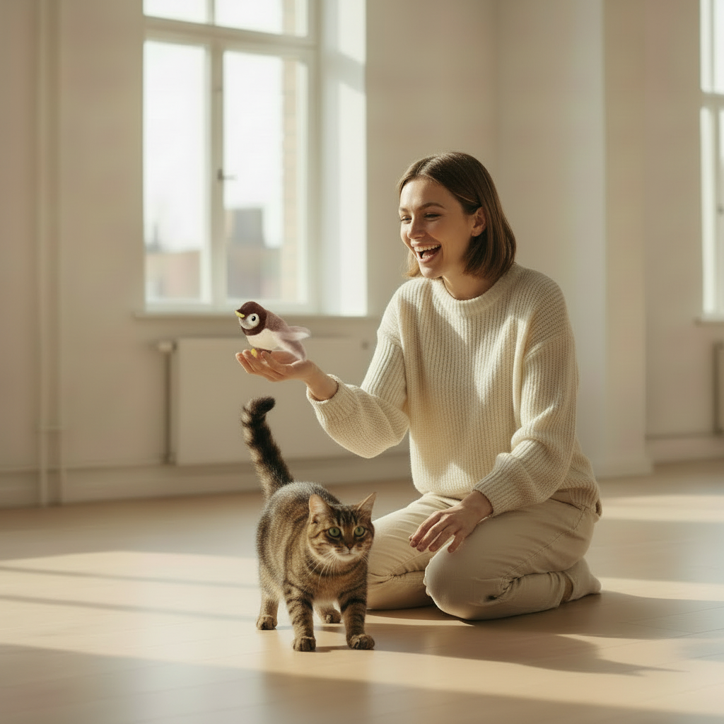 Flapping Bird Cat Toy – happy cat owner unboxing sparrow plush bird toy with flapping wings