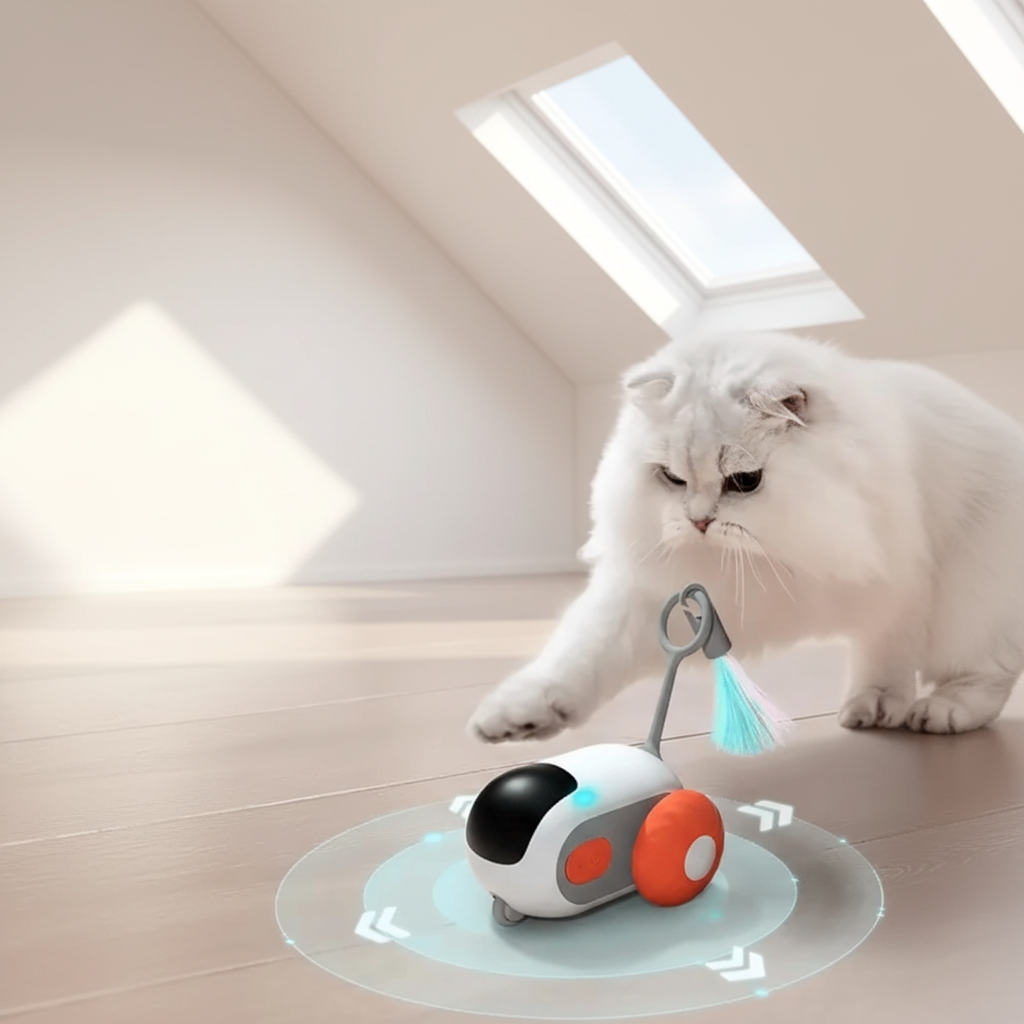 "Cat playing with smart toy car on floor indoors"