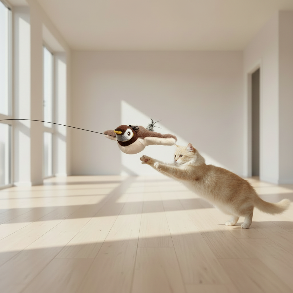 Flapping Bird Cat Toy – Sparrow style with realistic feather tail, soft plush body and moving wings, studio white background