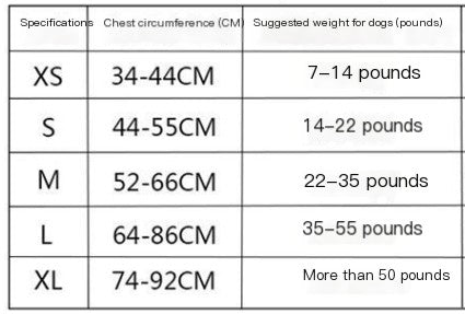 "Oxford dog harness size chart for small to large dogs"