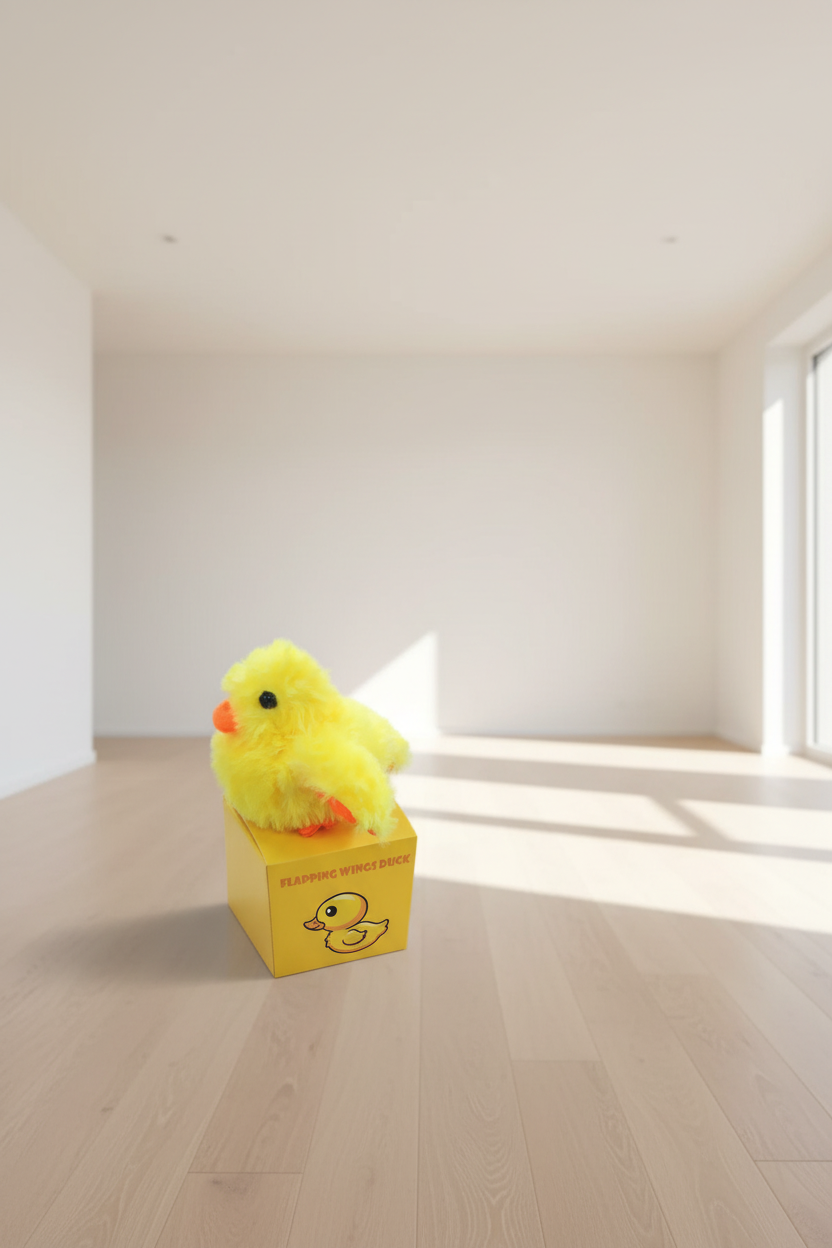 Interactive cat toy with flapping wings, real bird sounds & remote control. Bright yellow duck design, ultra-soft plush, USB rechargeable. Includes toy + remote + USB cable.

