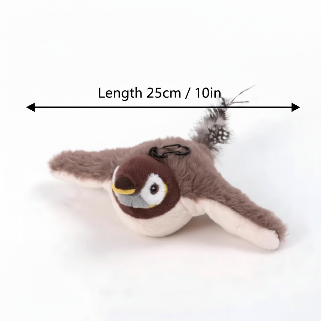 Flapping Bird Cat Toy with size measurements overlay showing wingspan dimensions